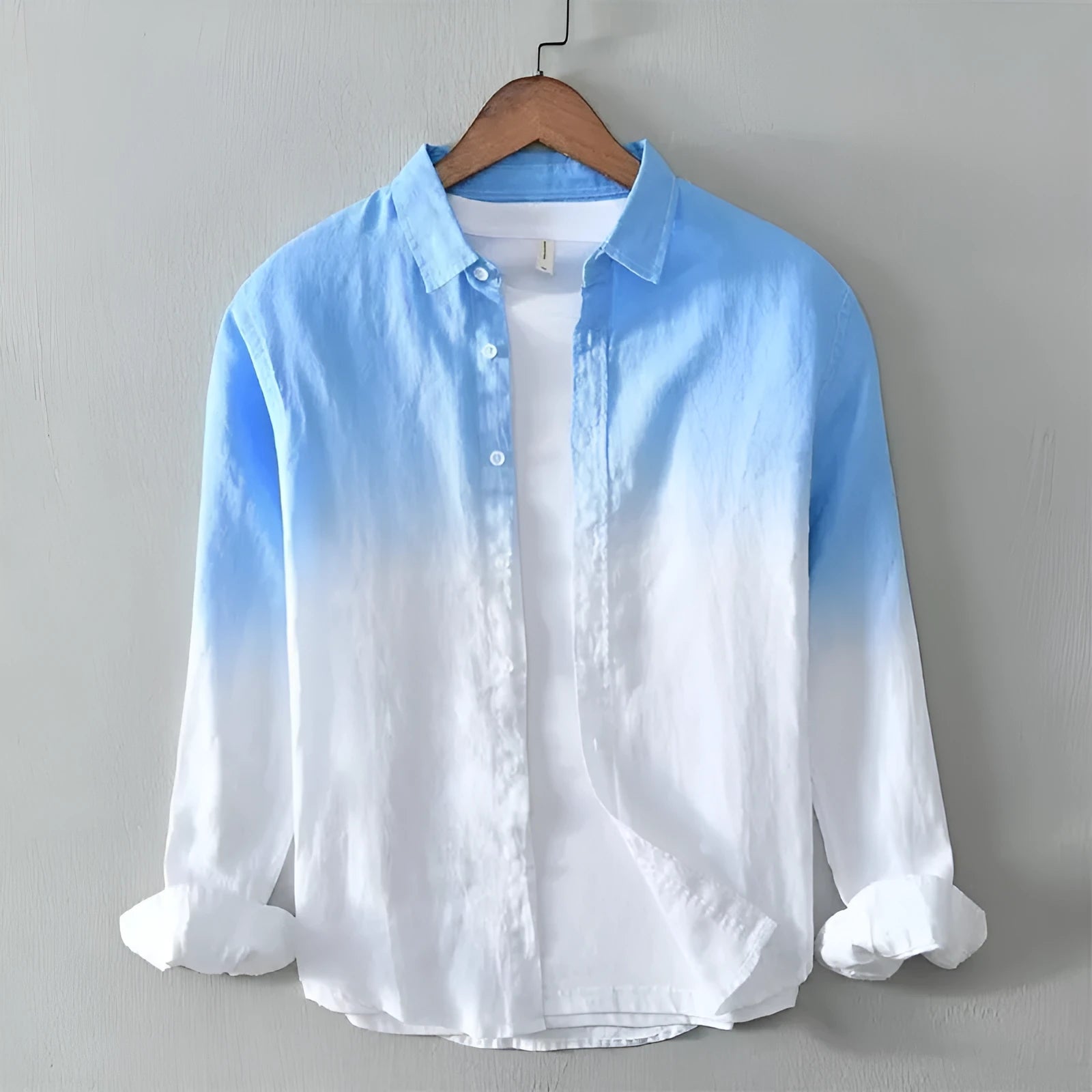 Men's casual loose top coat in polyester hemp blend available in dark blue, light blue, and yellow colours