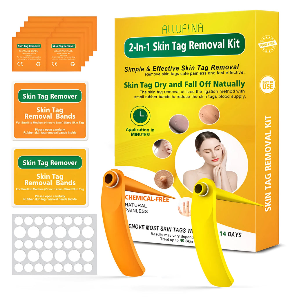 Orange-yellow mole removal tool kit with two devices, rubber rings, alcohol swabs and repair stickers