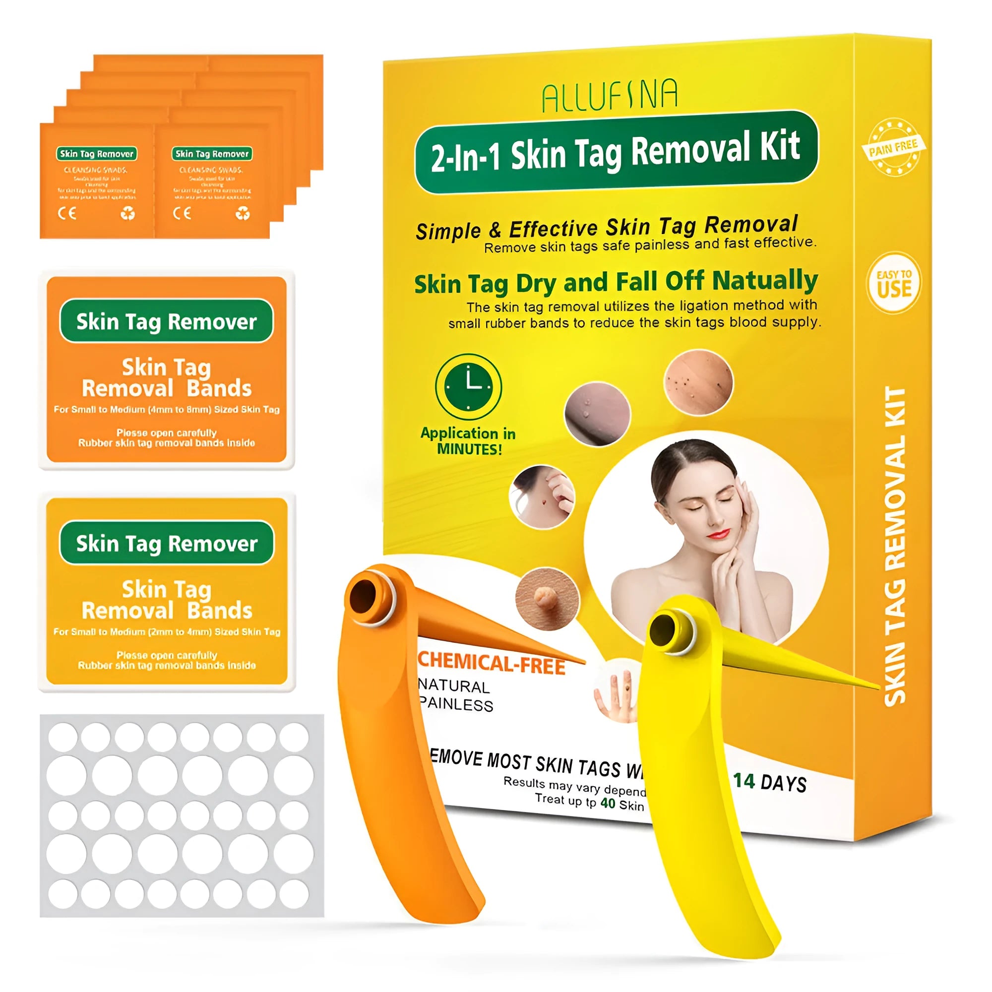 Orange-yellow mole removal tool kit with two devices, rubber rings, alcohol swabs and repair stickers