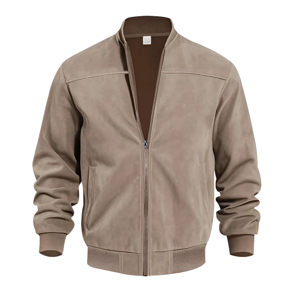 Men's plus-size suede-effect zip jacket in army green on a hanger.