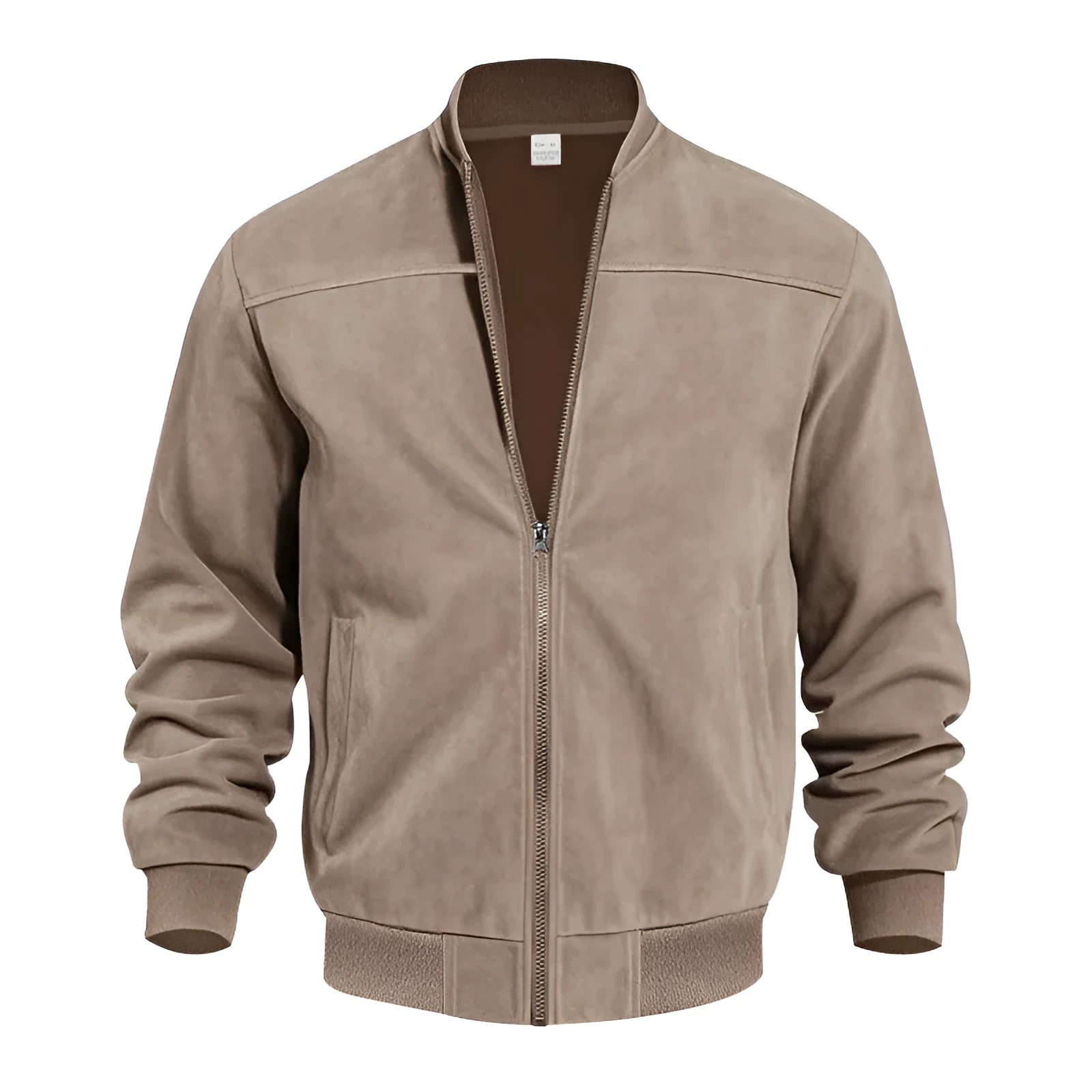Men's plus-size suede-effect zip jacket in army green on a hanger.