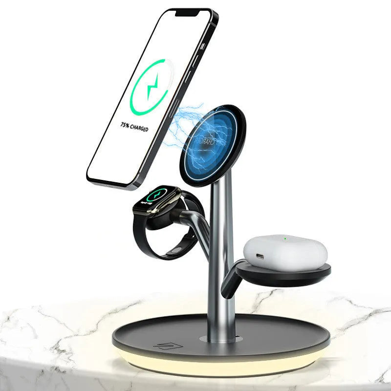 Black ABS+PC three-in-one magnetic suction wireless charger bracket with 15W output and USB interface for mobile phones