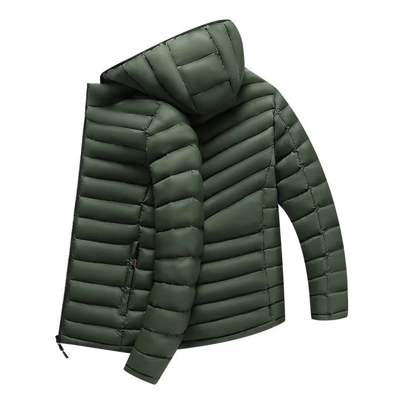 Men's army green lightweight down hooded jacket with a detachable collar and zippered pockets.