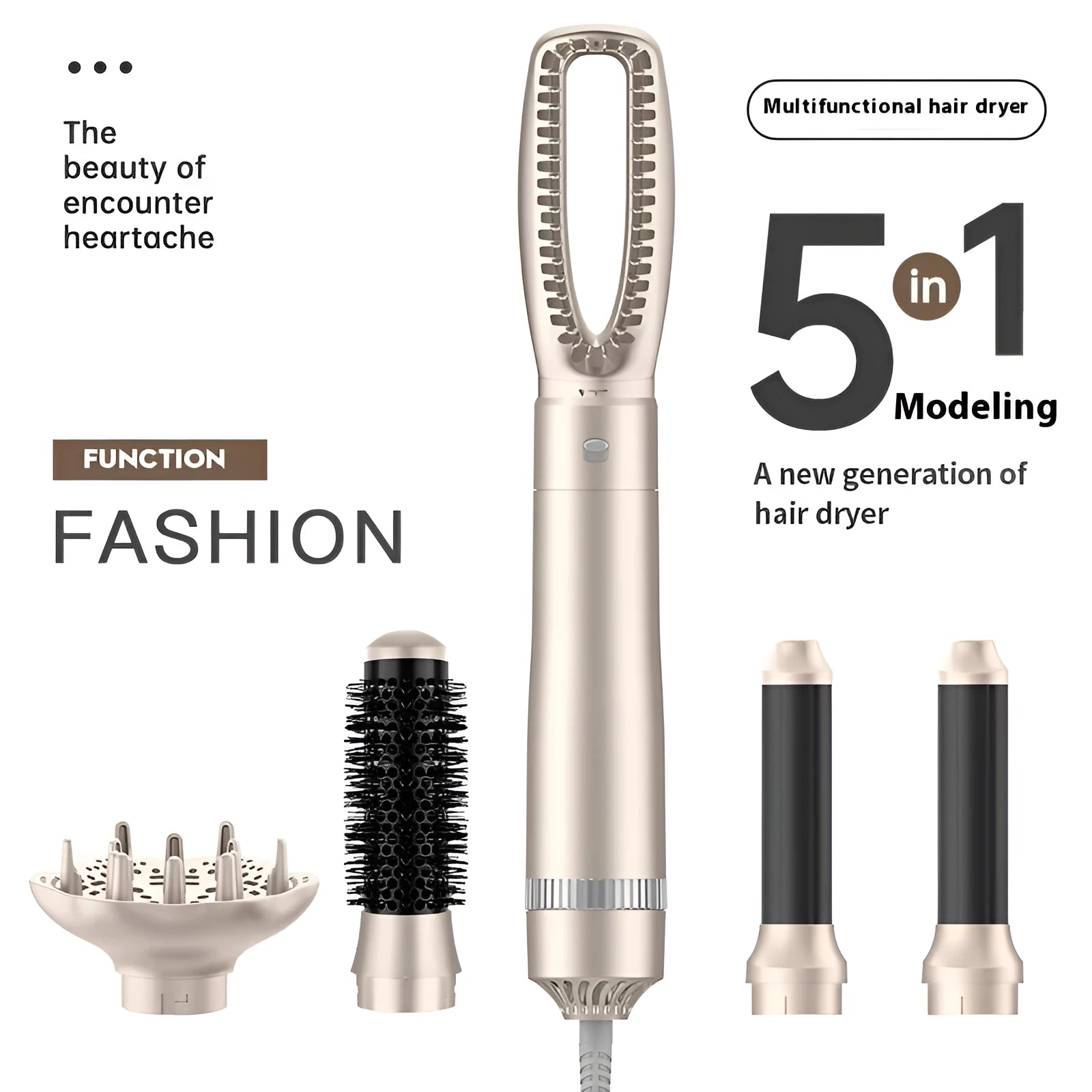 Champagne gold hot air comb hair curler with five-in-one styling functions