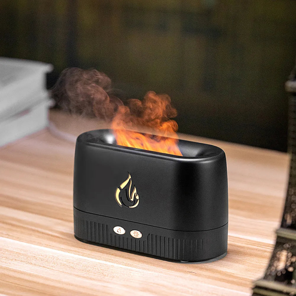 White flame aroma diffuser with 230ml tank, USB cable, on a wooden table, showing mist and flame effect