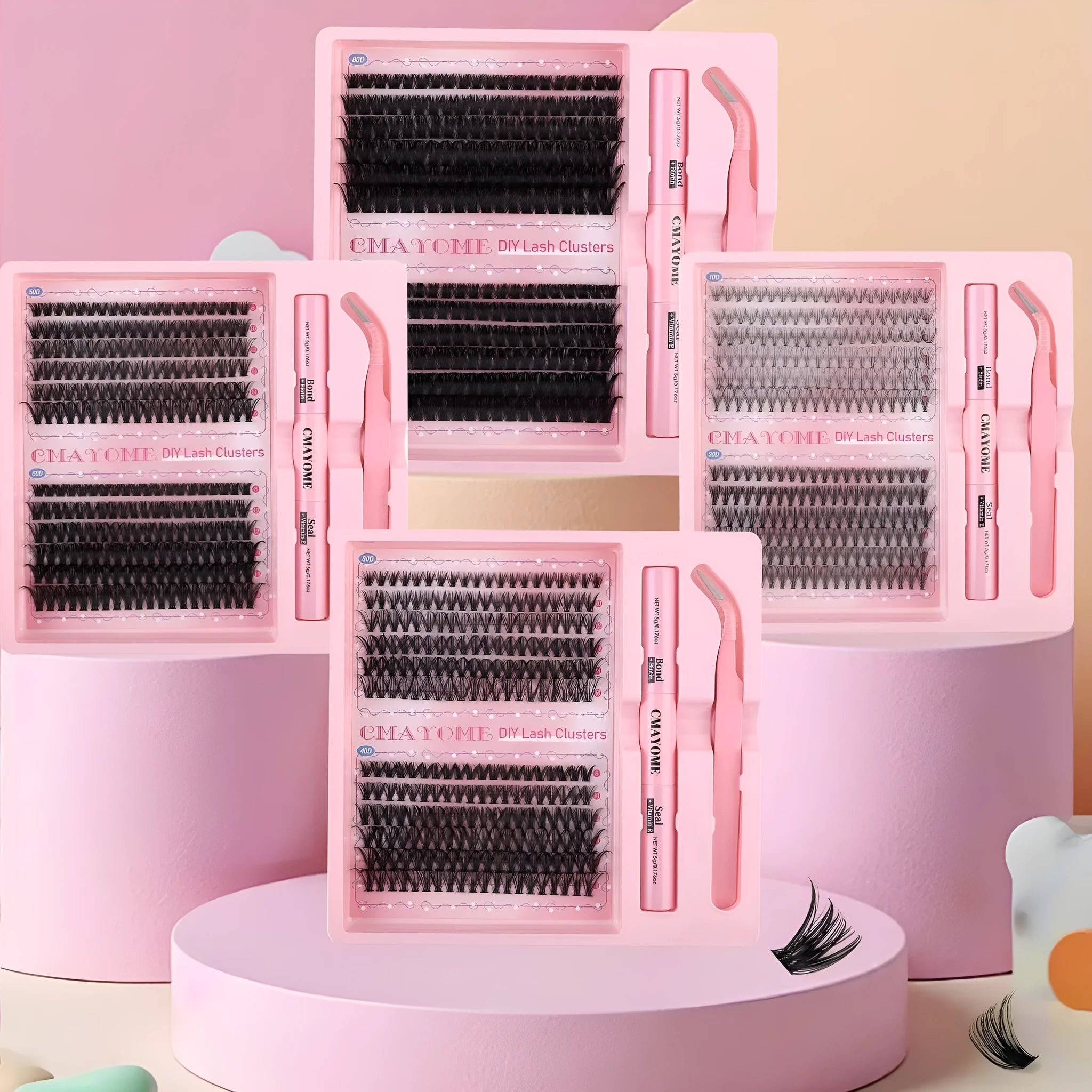 DIY single cluster individual false eyelashes set showing artificial fibre lashes for custom application