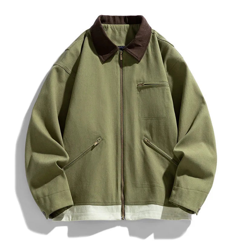 Men's loose fit retro work jacket with contrasting lapels in polyester fabric