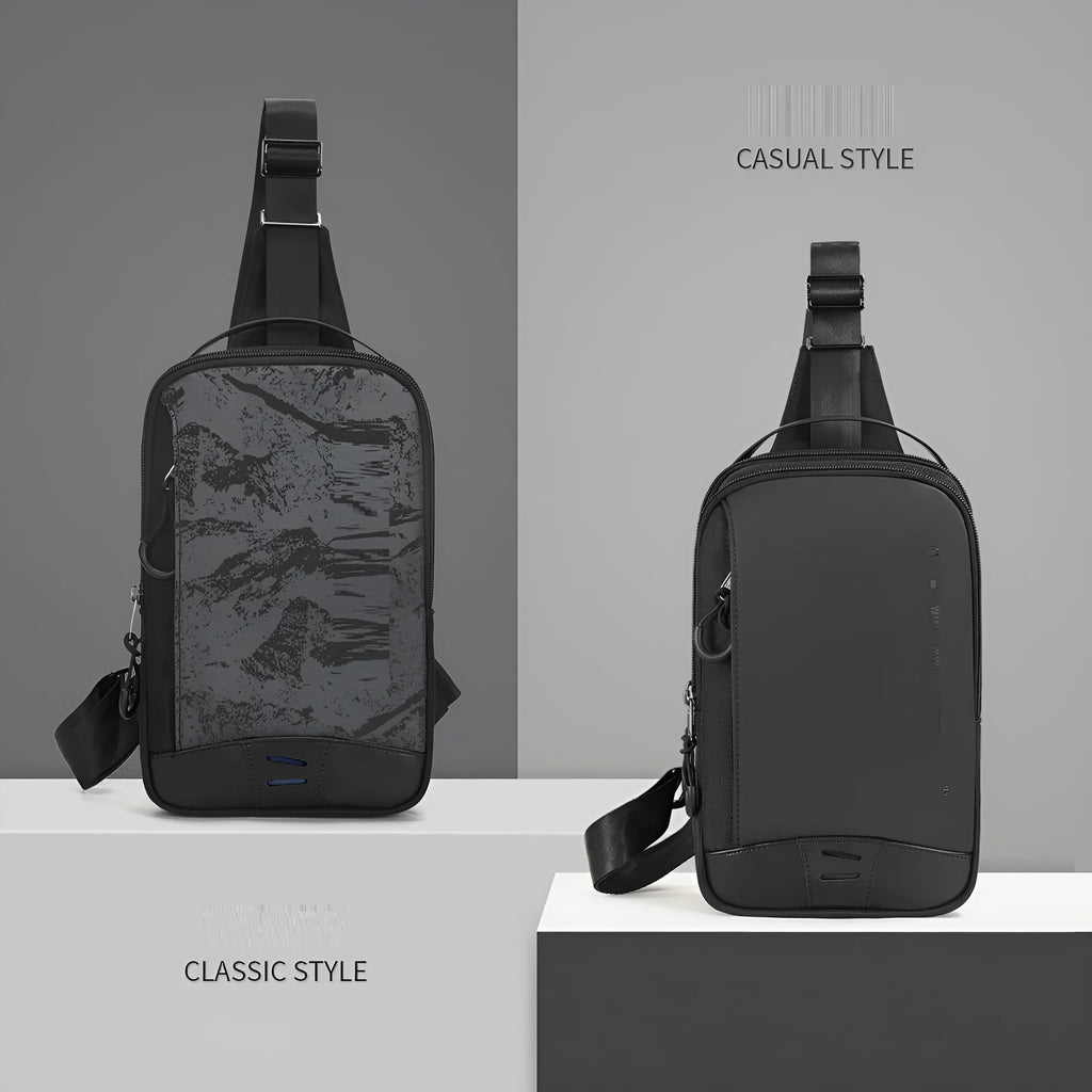 Casual black TPU camouflage chest bag with adjustable strap and front sandwich pocket on a person.