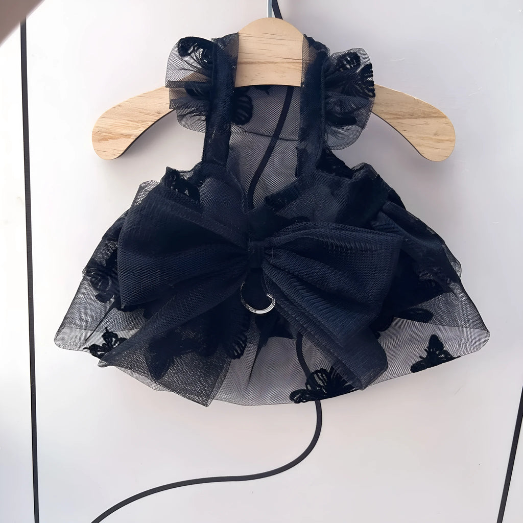 Black gauze tulle princess skirt on a small dog, showing layered design and fit.