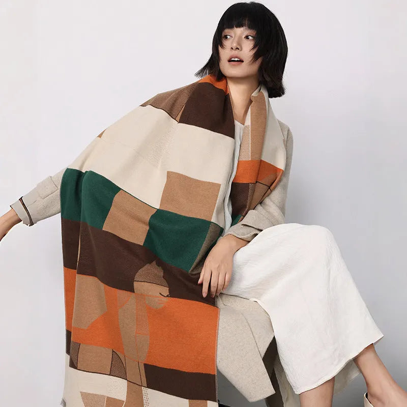 Long beige cashmere-like polyester scarf in a European chic style, laid flat to show its 185cm length.