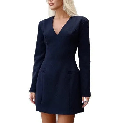 Long sleeve waist-cinching slim fit high-end dress in dark blue, regular sleeve, women's size S M L