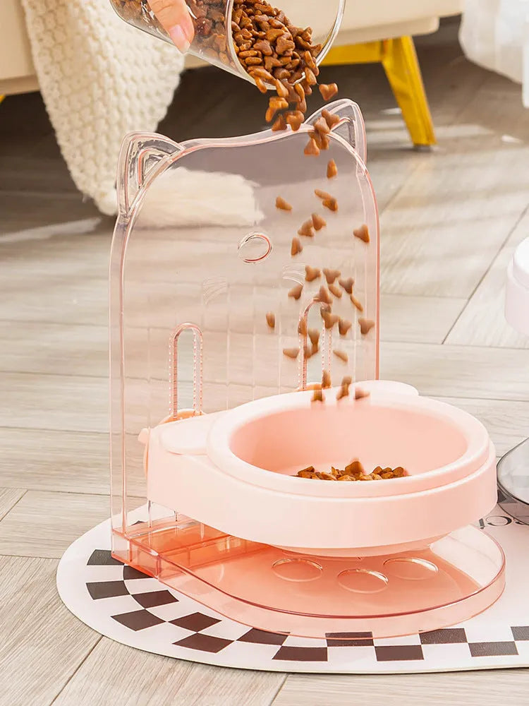 Grey cat feeding bowl with anti-spill design and adjustable height on removable hanging cage