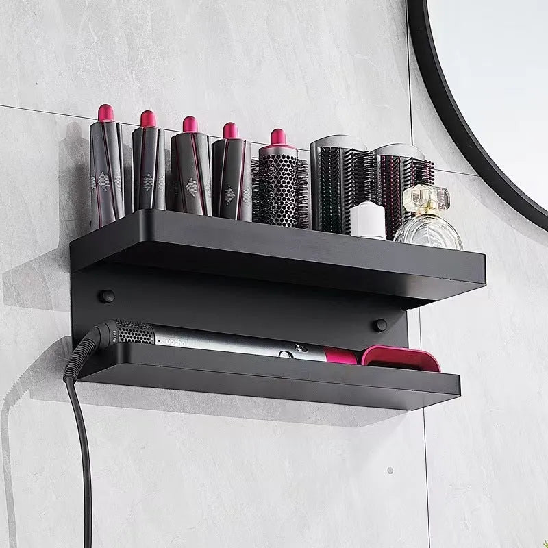 White aluminium double-layer punch-free storage rack holding a Marcel waver curling iron on a bathroom wall.