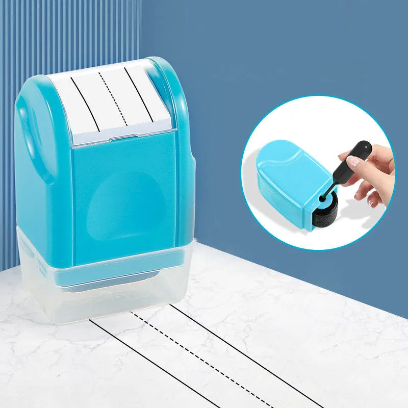 A plastic rectangle roller stamp for teaching, showing English line patterns in one of seven colours.