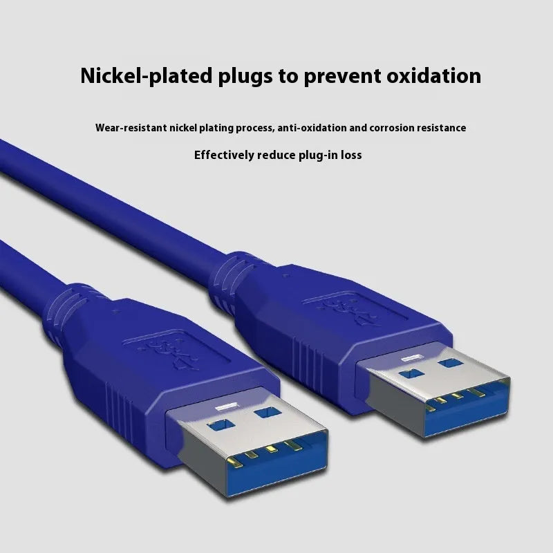 USB 3.0 male-to-male data cable for external hard drives, showing nickel-plated connectors.