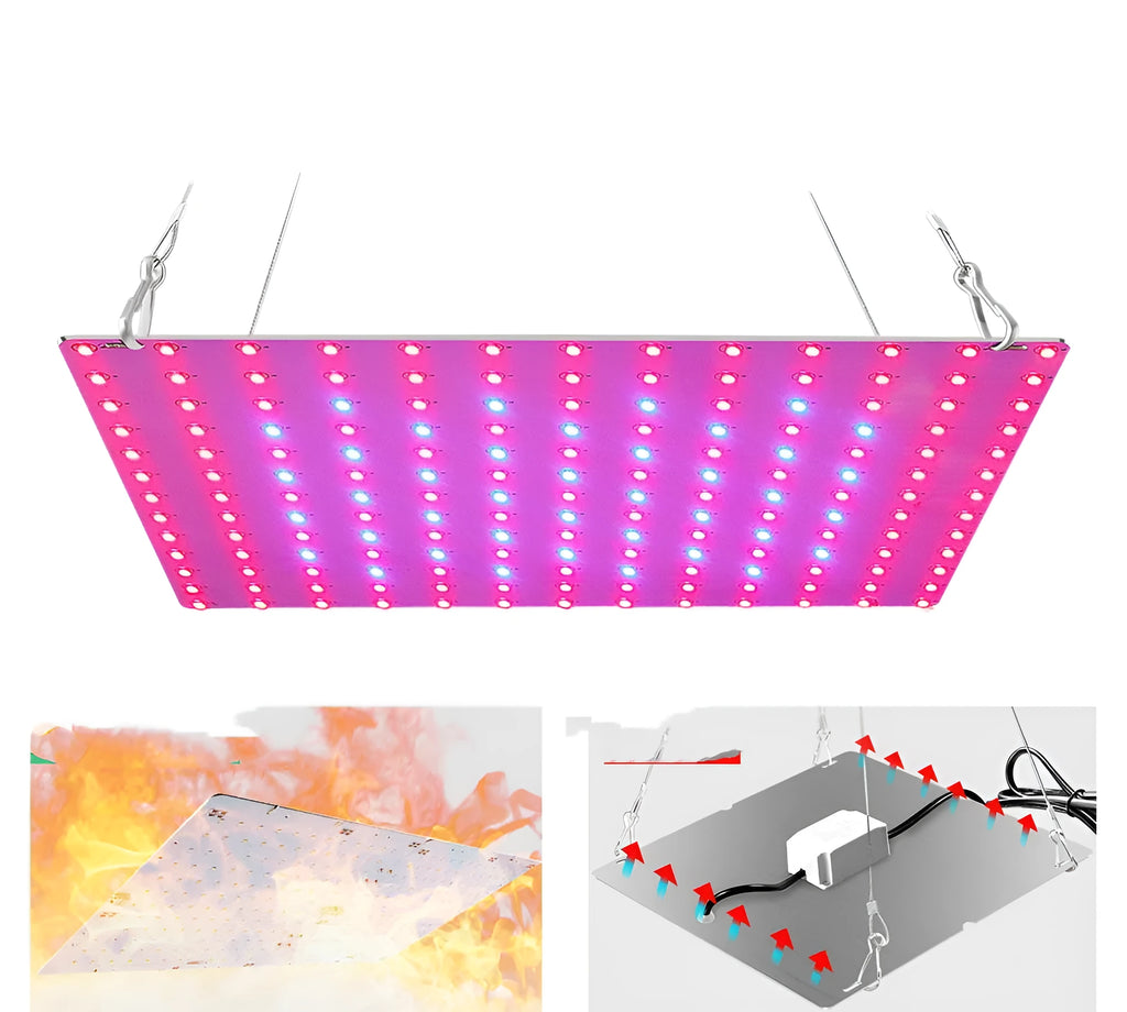 LED grow light panel with aluminum housing and E26 screw base for indoor plant cultivation.