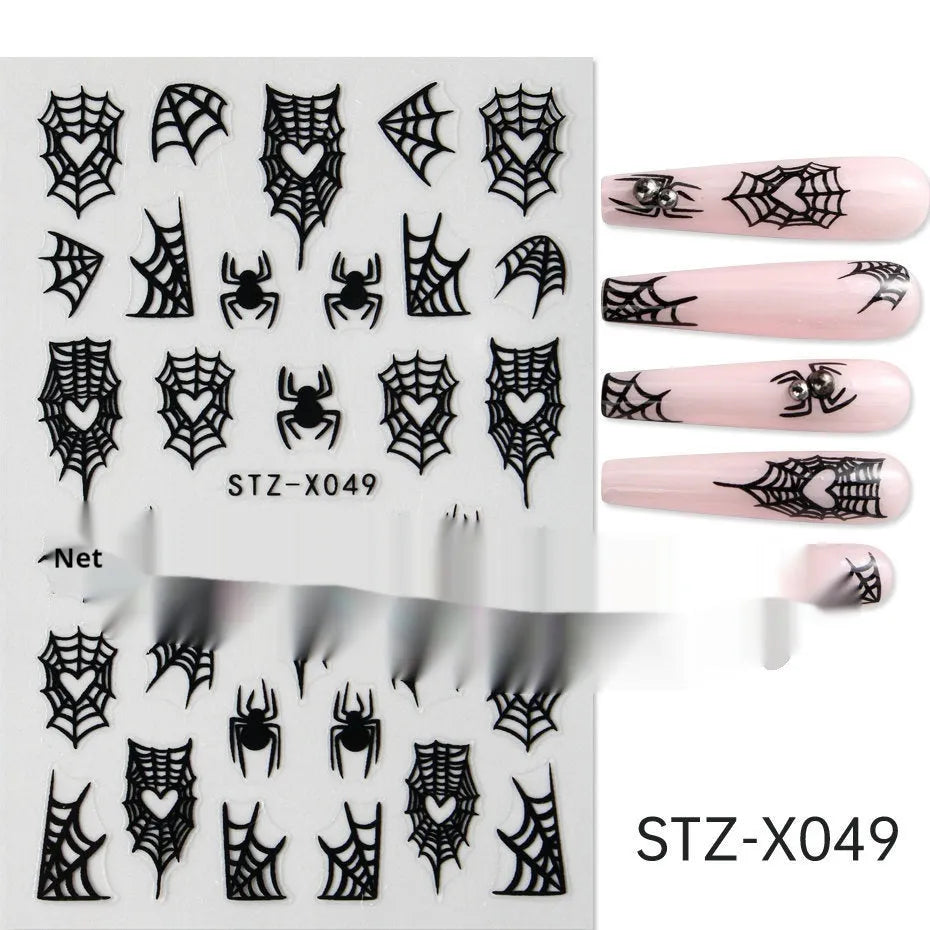 Cartoon-themed nail art sticker sheet with black and silver strip patterns and love motifs