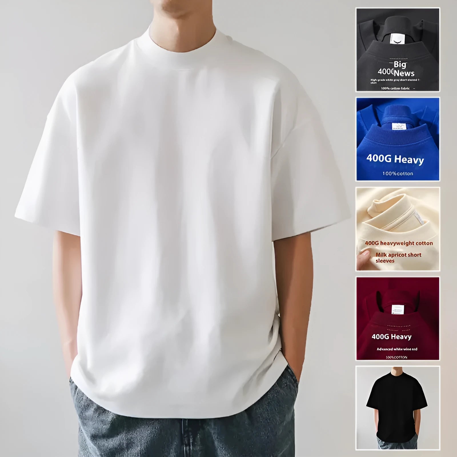 Plus size men's oversized solid colour cotton T-shirt in Ivory White with loose fit and short sleeves