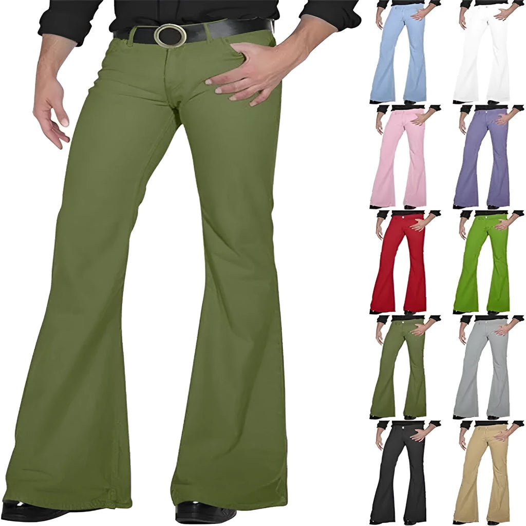 Solid colour high-elasticity polyester bell-bottom trousers with mid waist and zip placket in multiple shades