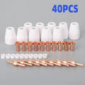 40 piece plasma cutter consumables kit with electrodes nozzles shunts and porcelain nozzles on black background