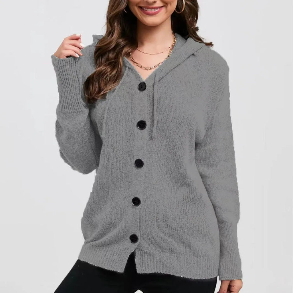 Women's loose fit hooded cardigan sweater in thick cotton with 3D pattern detail