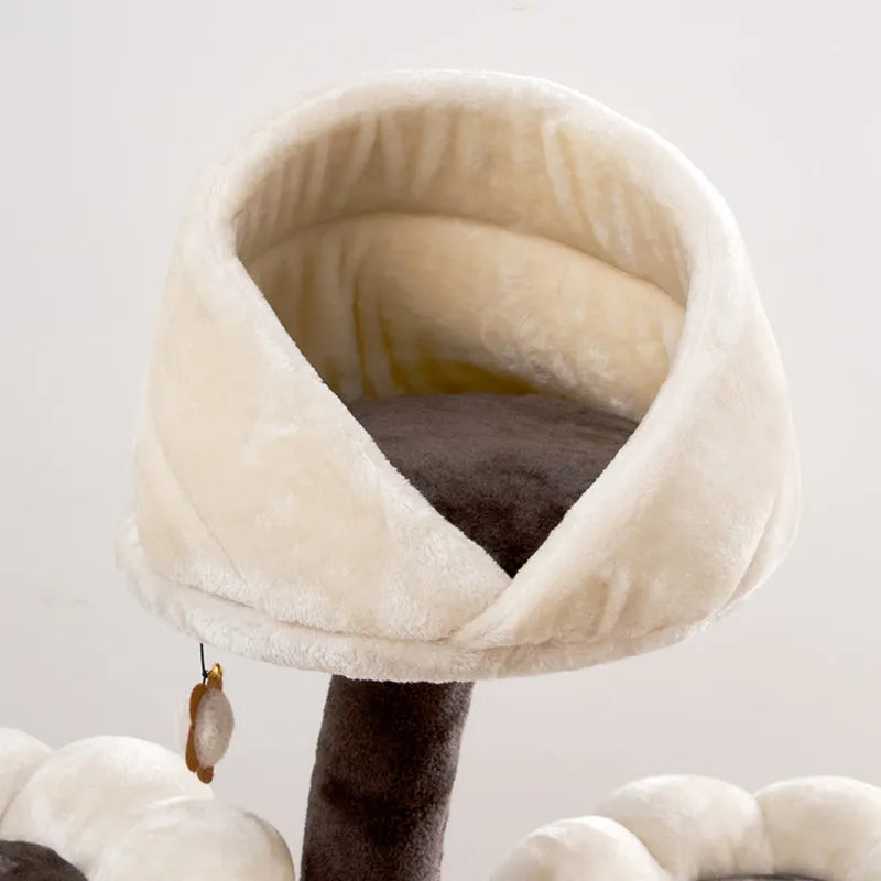 Beige flower-shaped cat climbing frame, 162cm tall, iron and plush, with integrated nest, platform and grasping board