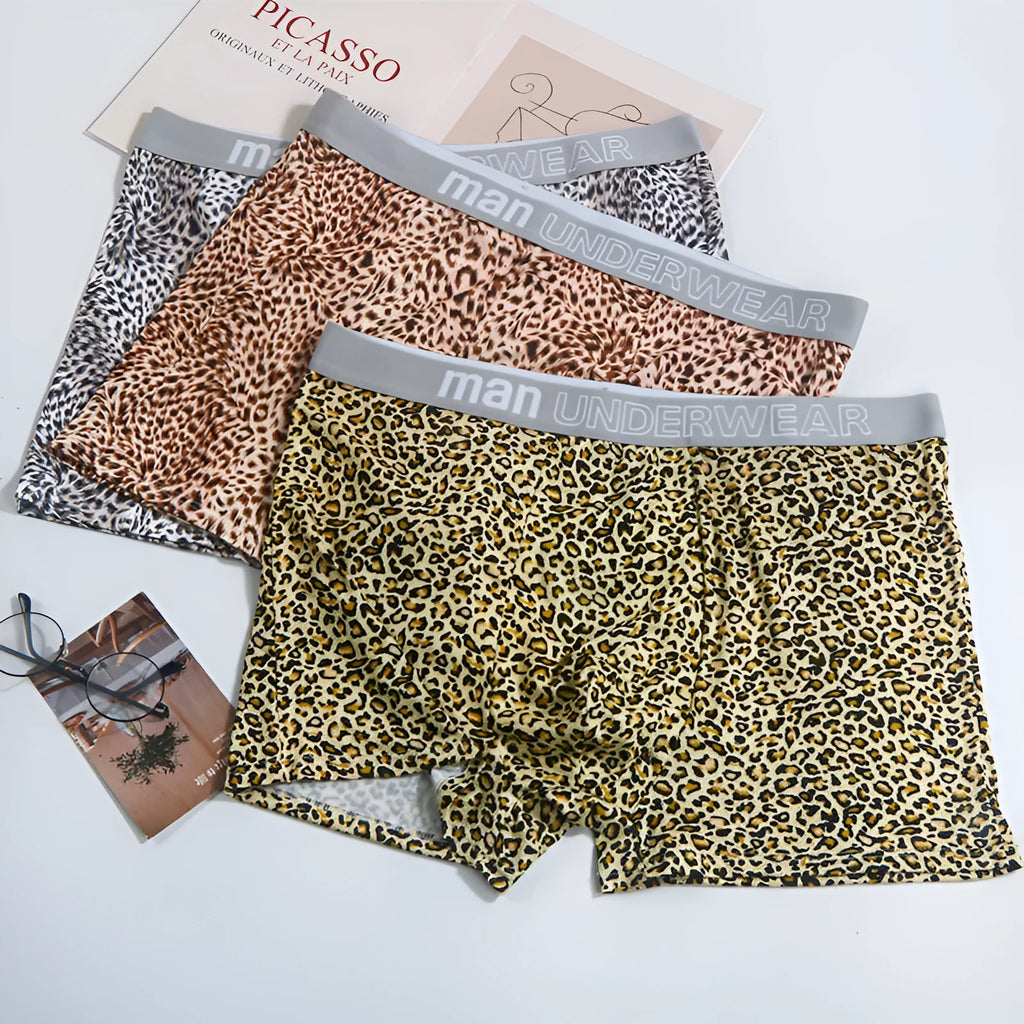 Men's loose leopard print underwear, milk silk, mid waist, quick drying, sizes M-XXXL.
