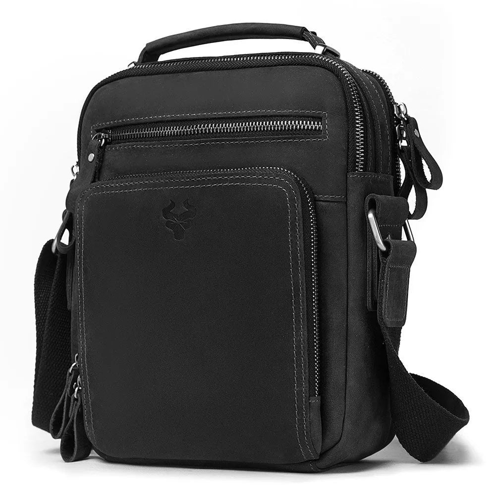 Men's brown crazy horse leather single-shoulder crossbody bag with sewing line detailing