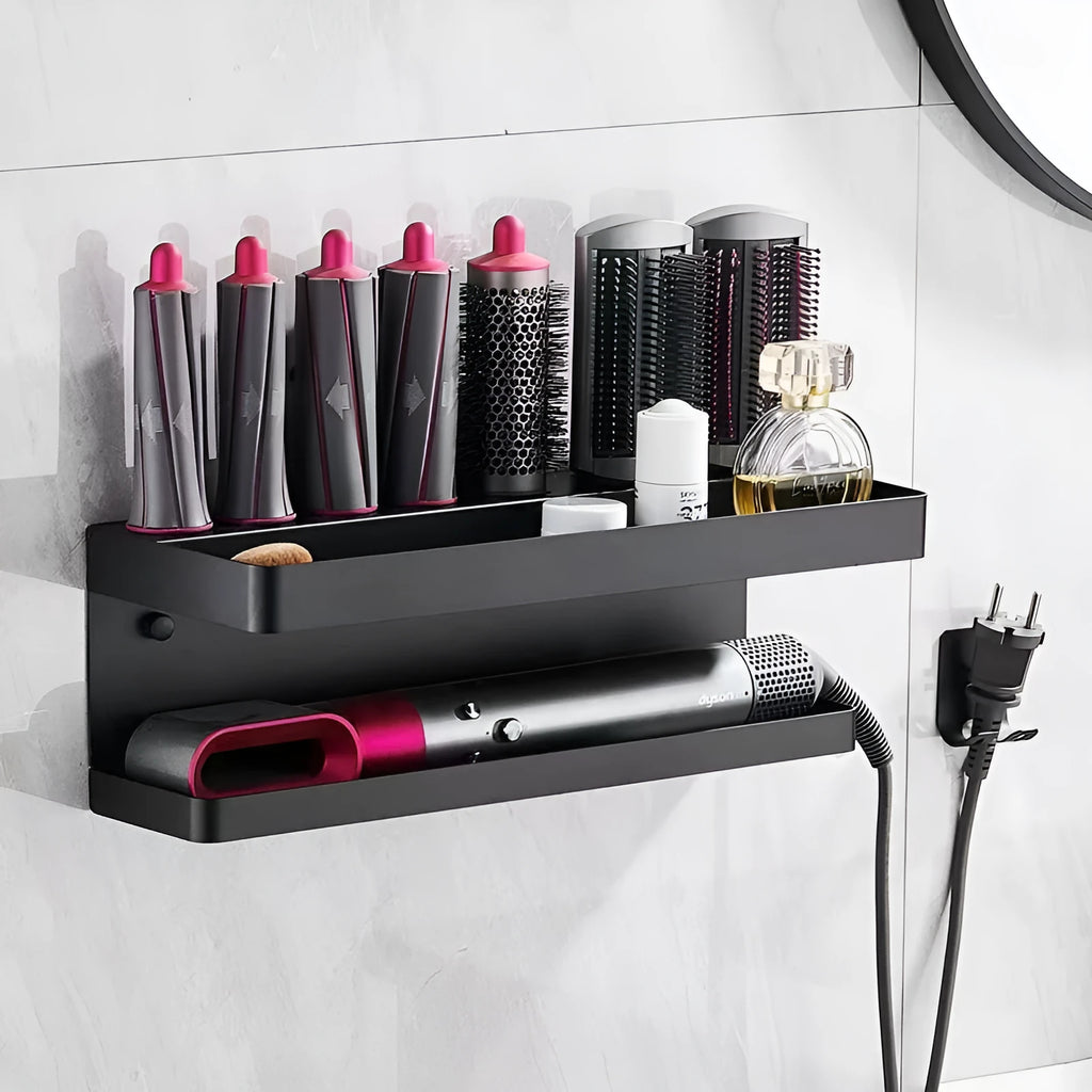 White aluminium double-layer punch-free storage rack holding a Marcel waver curling iron on a bathroom wall.
