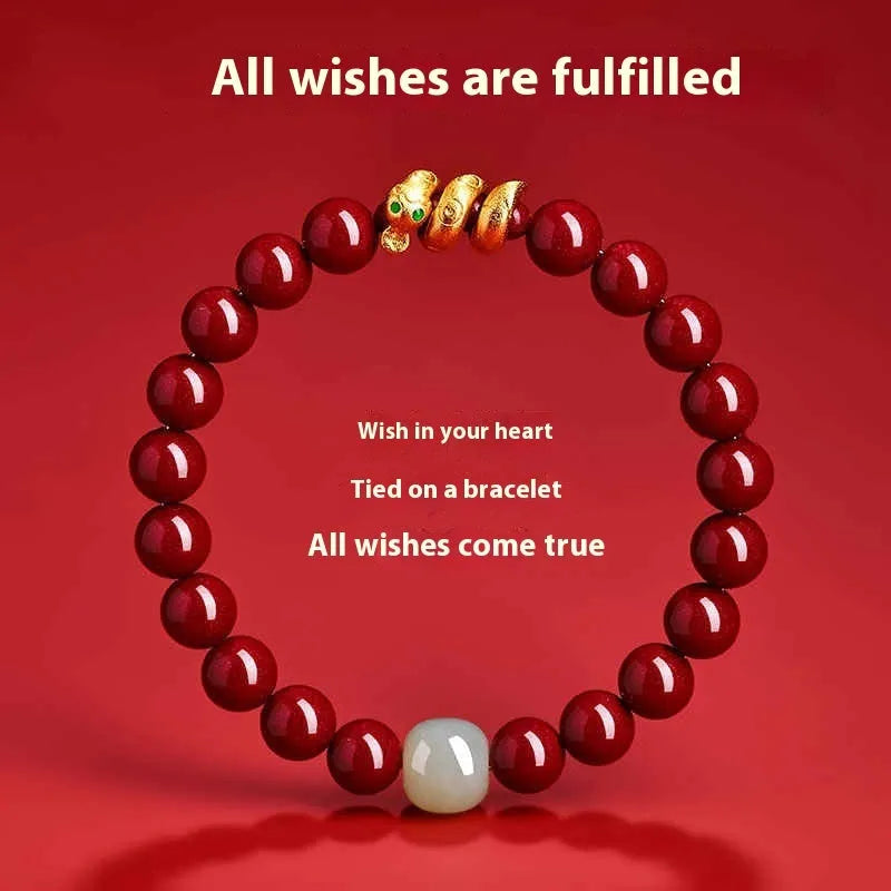 Handmade cinnabar snake year zodiac bracelet showing snake bead detail