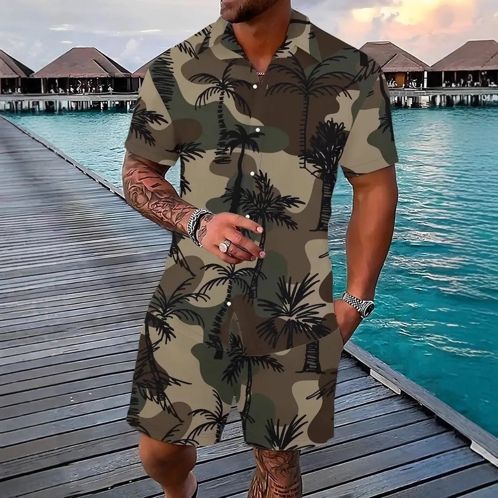 Man wearing a blue and white 3D printed Hawaiian shirt with matching shorts.