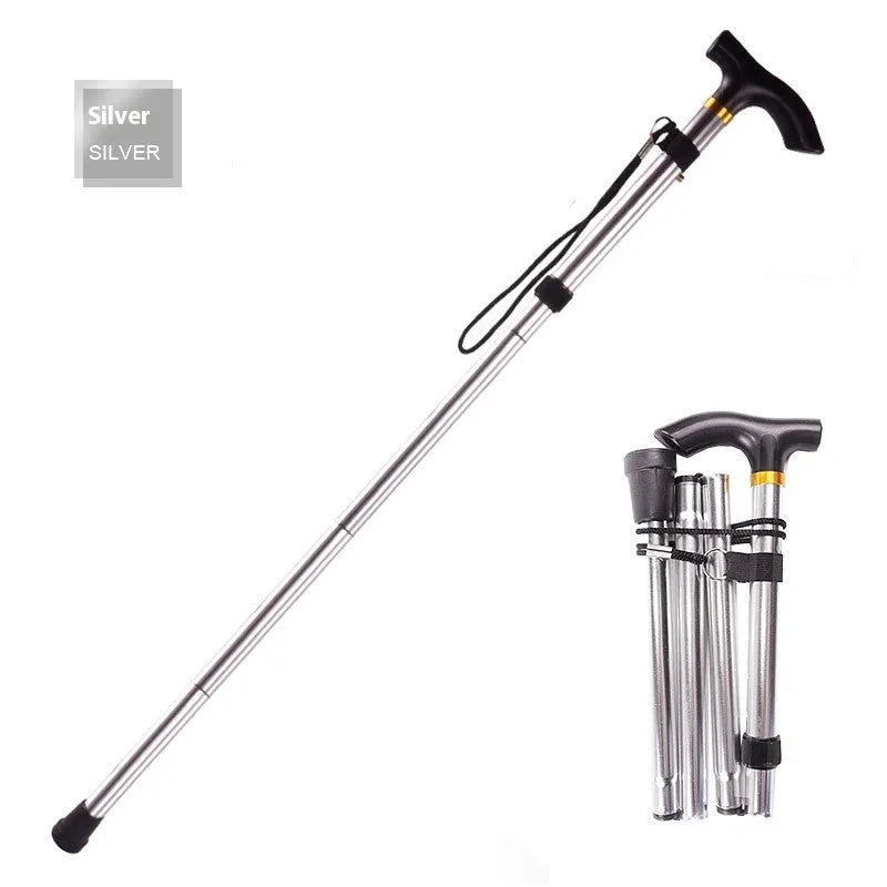 Aluminium alloy folding walking cane with adjustable height and non-slip rubber handle.
