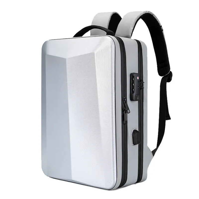 Men's black waterproof business backpack with curved shoulder straps shown from the side.