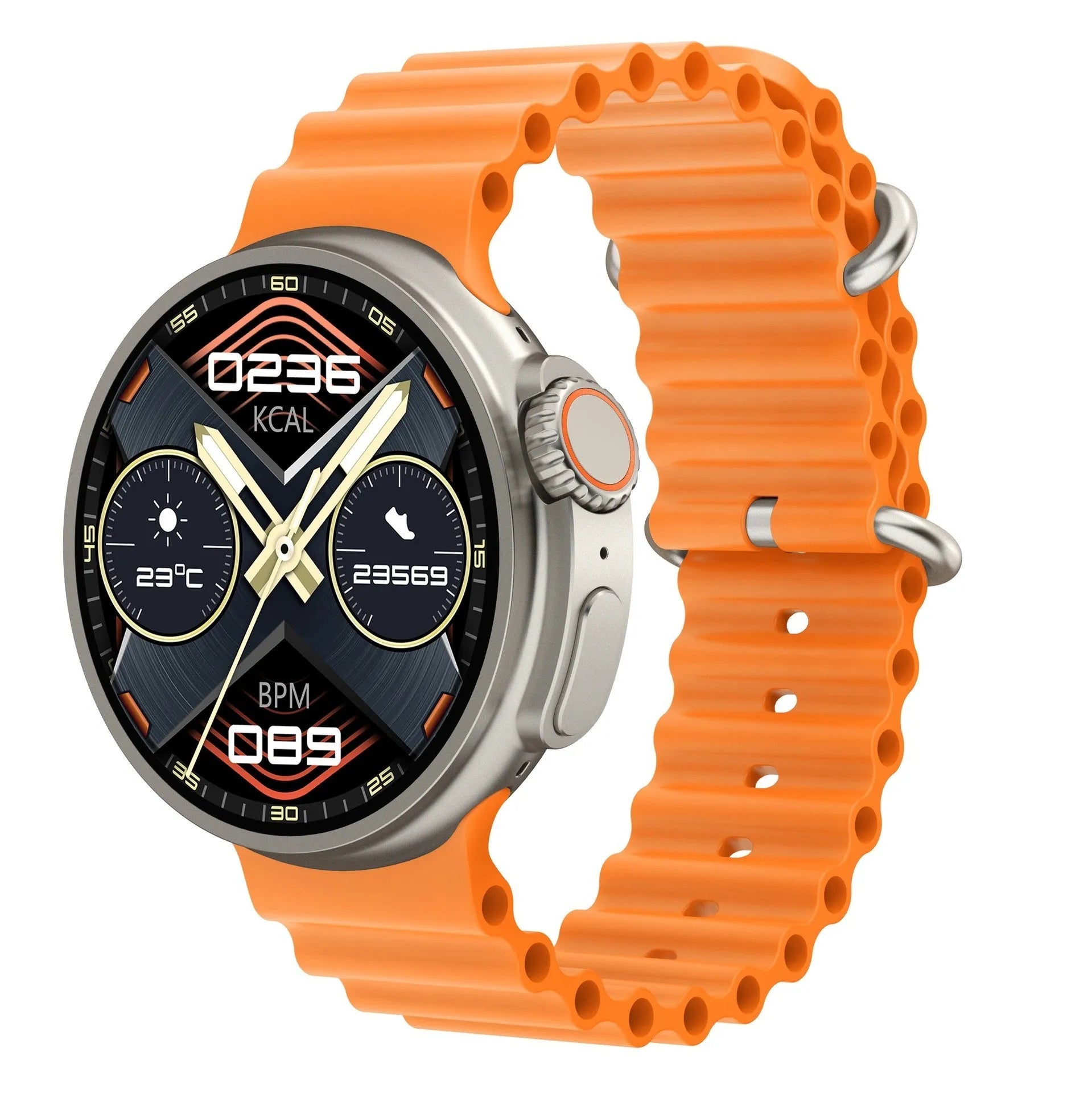 K9 smart watch with round screen showing health metrics and NFC payment capability