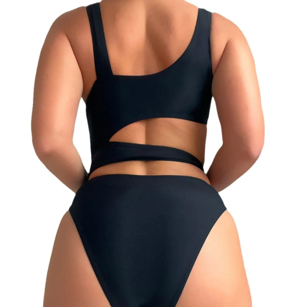 A solid black women's one-piece swimsuit with a high cut leg design on a mannequin.