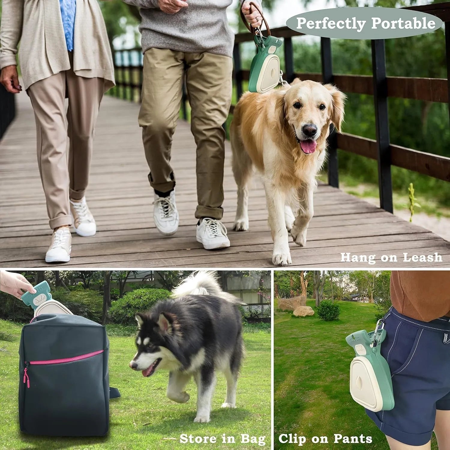 Blue handheld pooper scooper with clip and expandable waste container for dog cleanup.