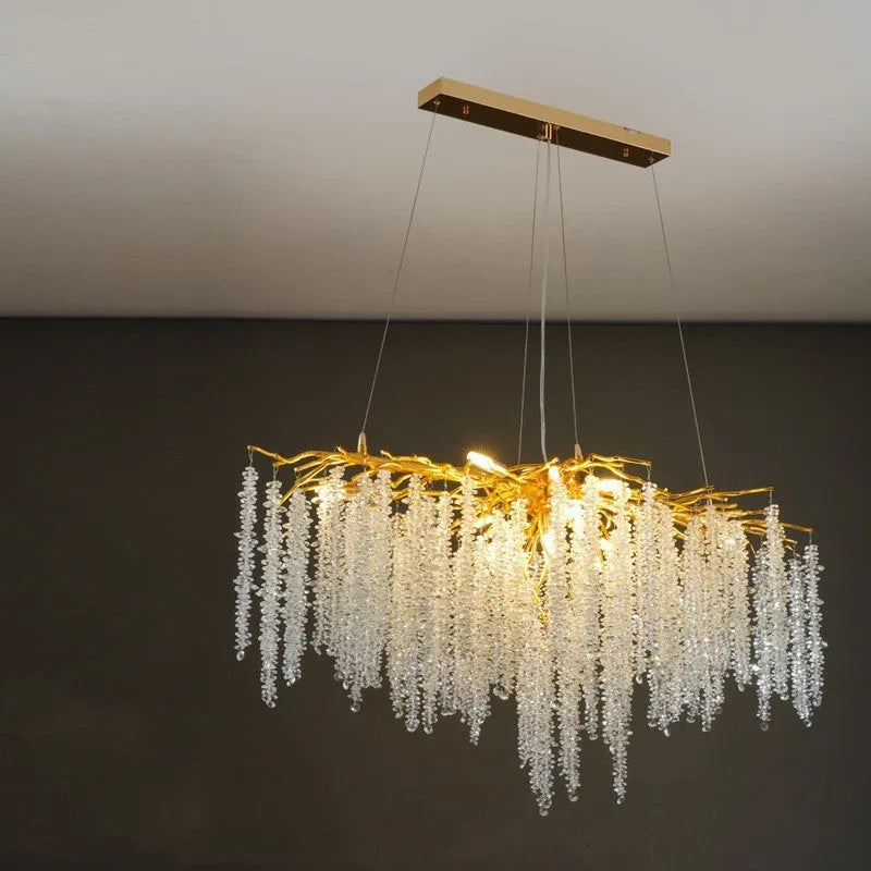 Modern crystal chandelier with aluminium alloy frame and adjustable drop, shown in long and round styles.