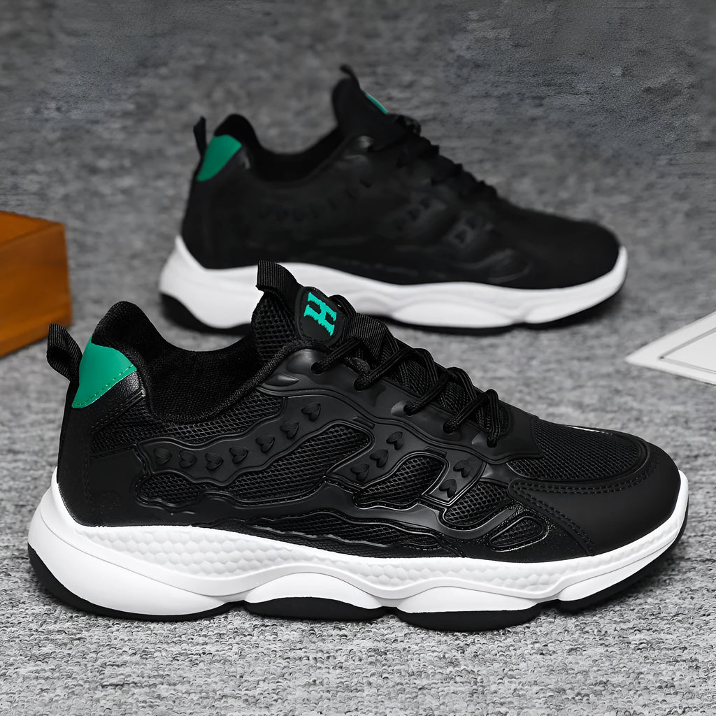 Men's spring mesh casual breathable sneakers low top rubber sole flat heel black green white black white brown