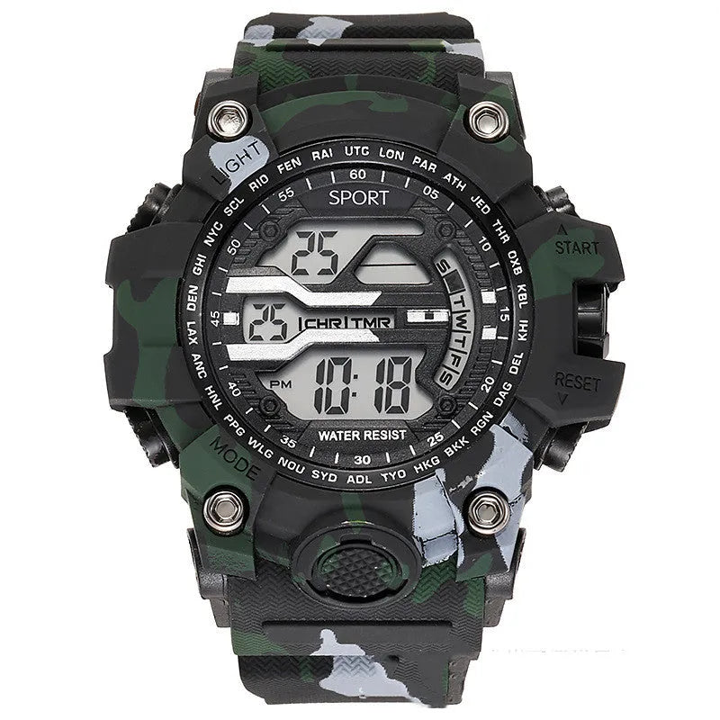 Men's sports watch with large dial, number display, and waterproof rating of 10m