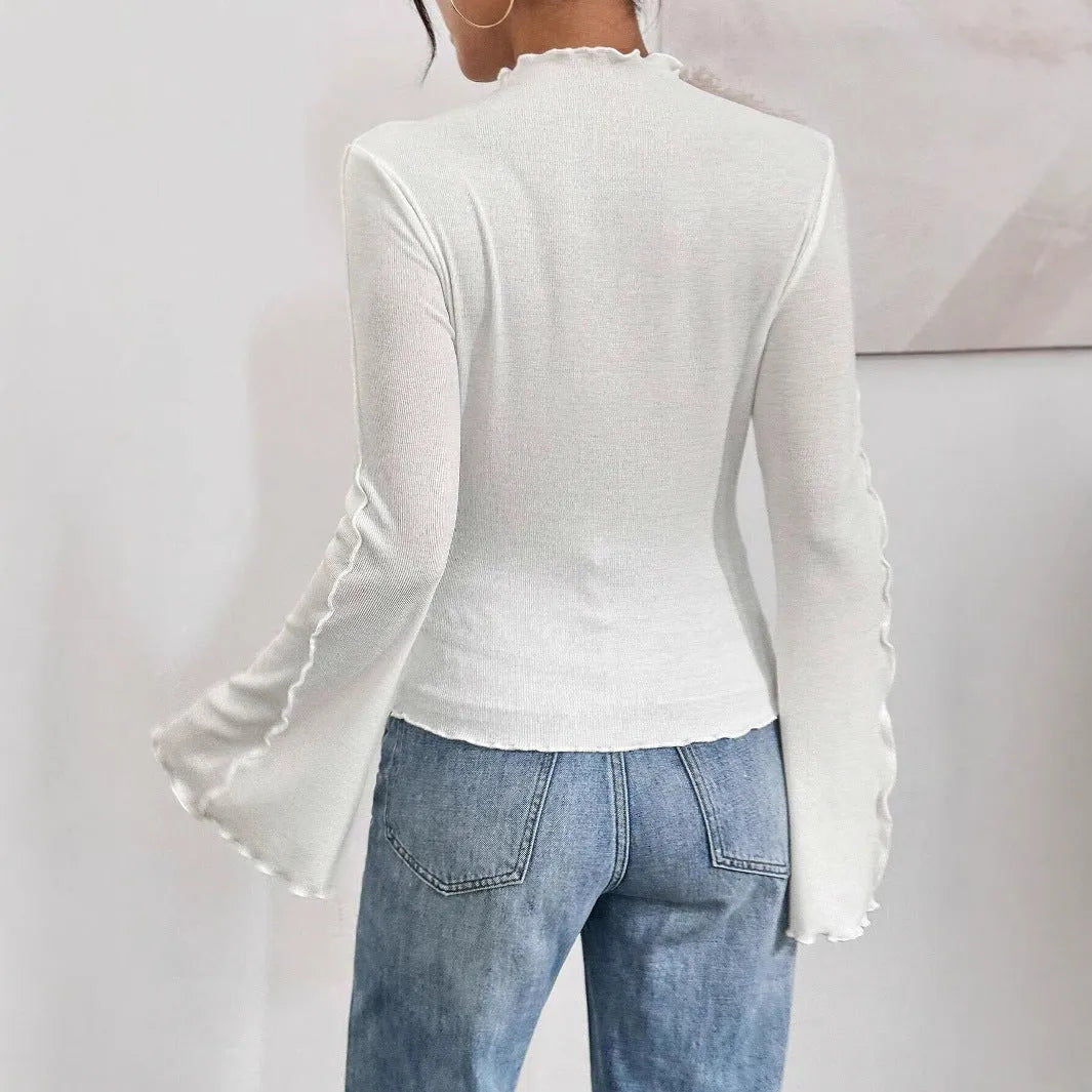 Fashion beveled bell sleeve slim fit inner wear shirt with ruffled collar in black
