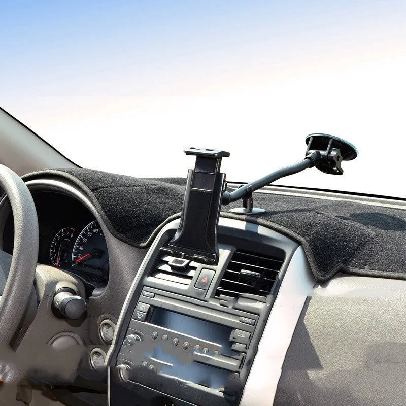 Black vehicle-mounted lifting bracket with long suction cup for 4-12 inch tablets and phones.