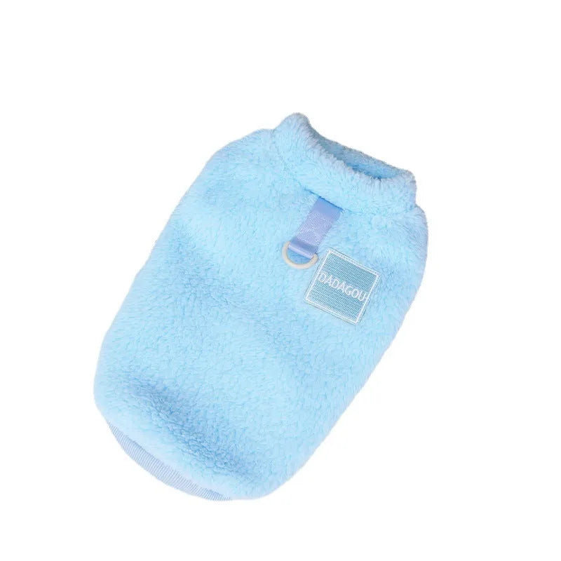 Coral fleece pet jacket with pull ring closure in blue colour on dog