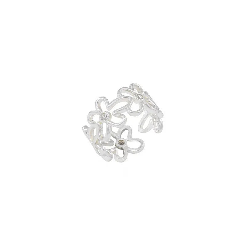 S925 sterling silver irregular hollow-out flower ring with adjustable opening in silver colour