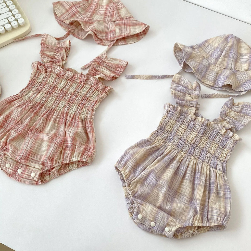 Baby girl plaid cotton onesie in purple or pink with free hat, thin summer triangle jumpsuit, sizes 66cm to 90cm