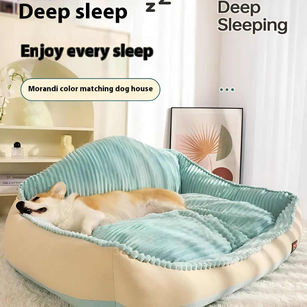 Morandi colour washable dog sofa bed with removable cover, shown in M and L sizes.