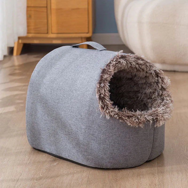 Fleece-lined cat nest closed sleeping bag for autumn and winter, portable, gray colour, size L, on floor