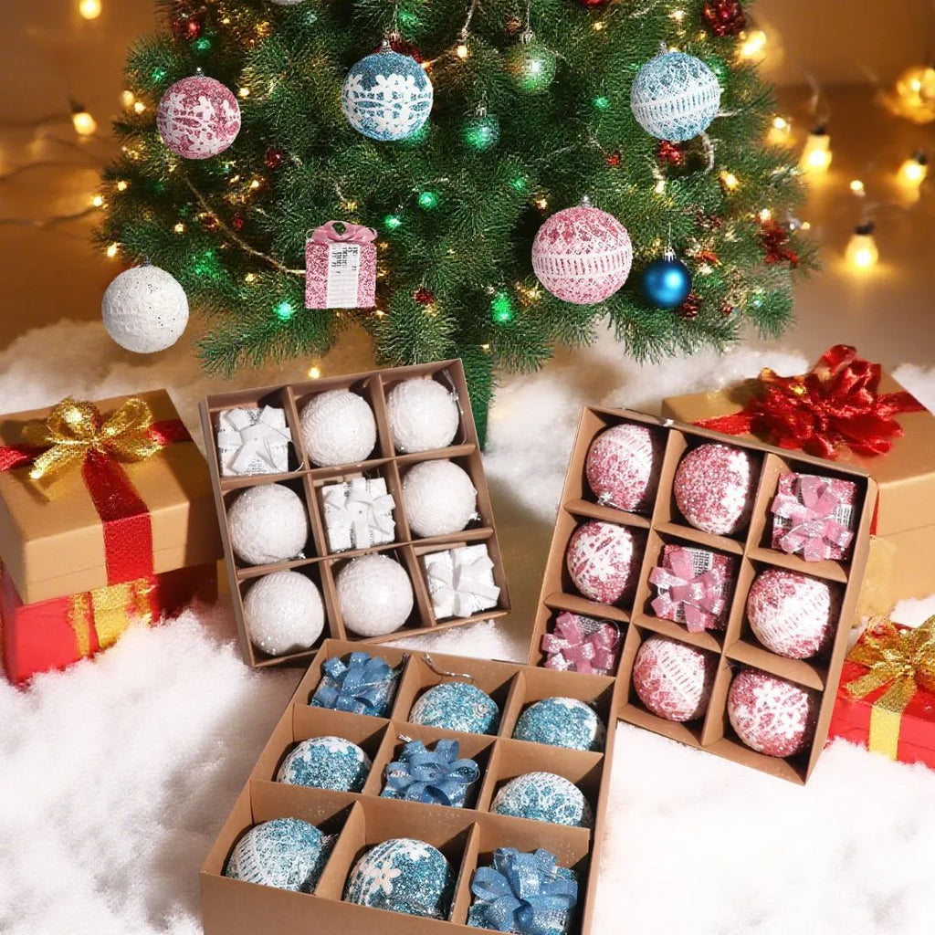 Foam Christmas tree scene pendant weaving decoration in blue, gold, green, pink, red, silver and white, 9 pack