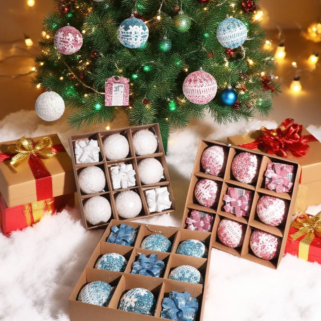 Foam Christmas tree scene pendant weaving decoration in blue, gold, green, pink, red, silver and white, 9 pack