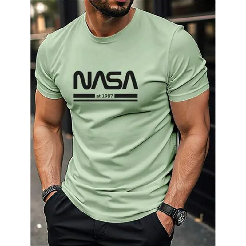 Men's printed slim-fit letters short sleeve cotton T-shirt shown in multiple colour options.