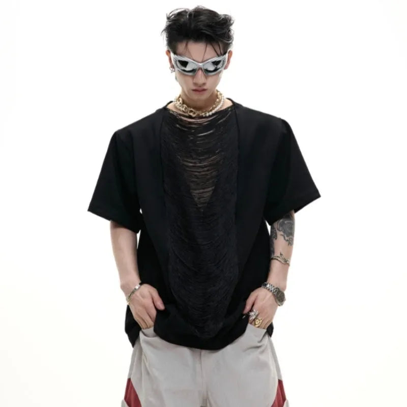 Men's black V-neck loose fit polyester short sleeve T-shirt with three-dimensional cutting